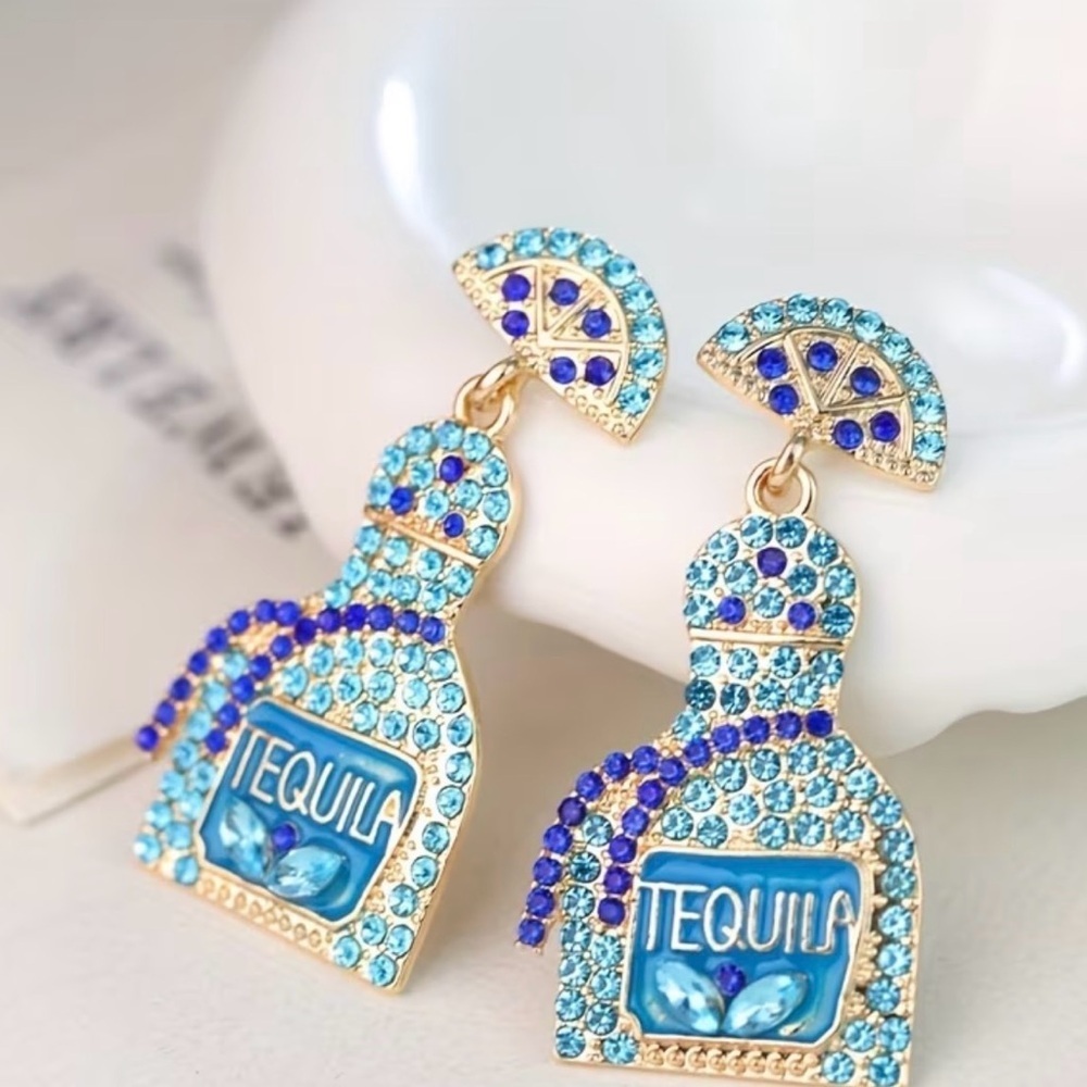 Tequila Bottle Crystal Drop Earrings - Blue